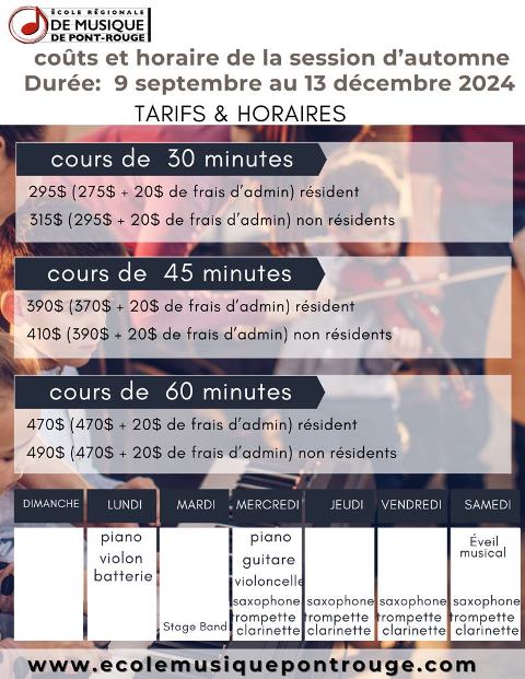 Notez que les horaires sont complets sauf pour violoncelle. Nous acceptons les demandes d'inscriptions mais les plages horaires sont limitées selon l'instrument demandé et nous avons une liste d'attente 